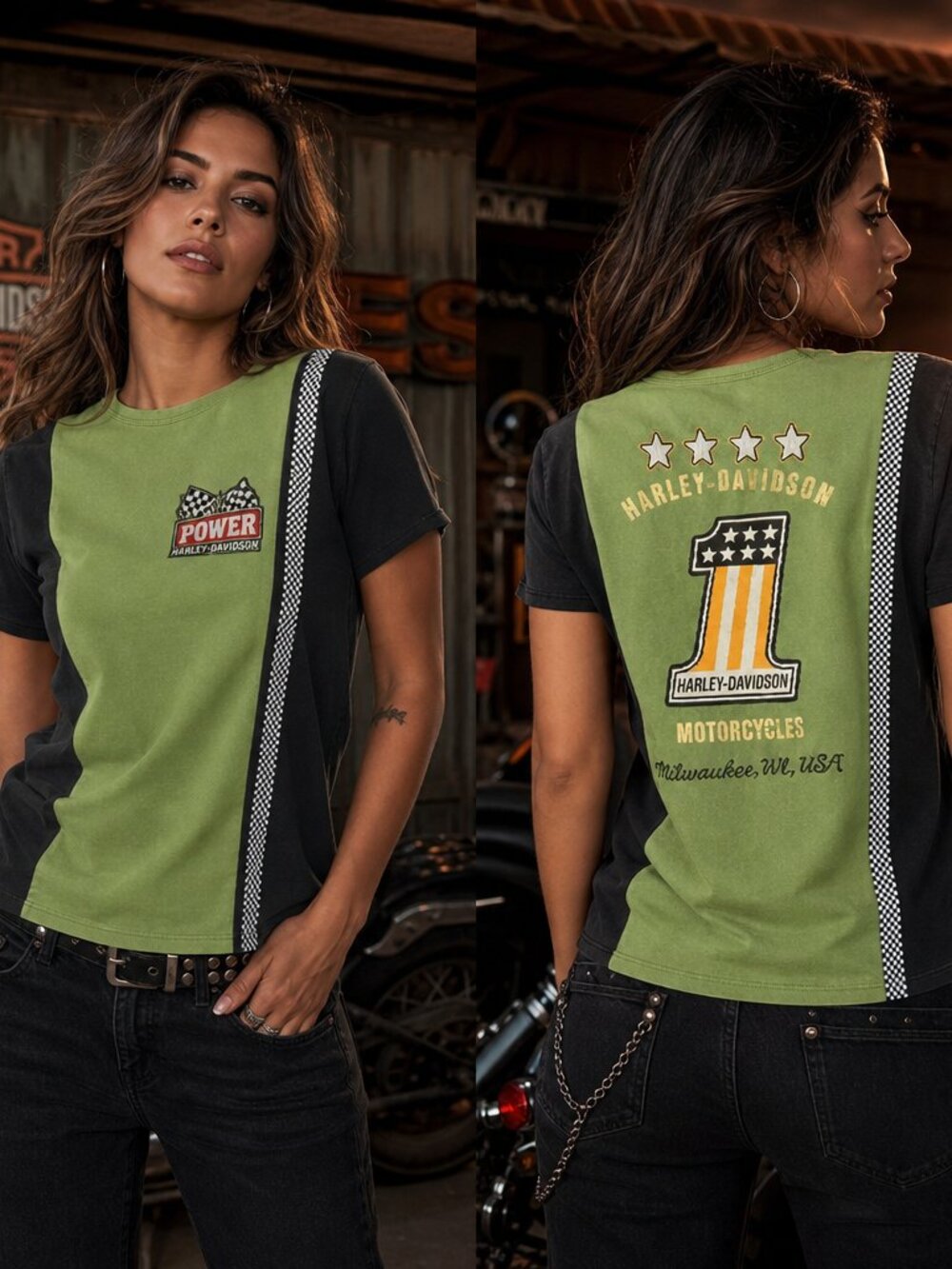 Harley‑Davidson Green & Black Crewneck Tee – Checkered Stripe & Logo Back